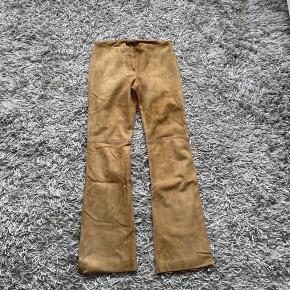 Theory Tan Brown Leather/Suede Pants Mid Rise Sz 0❤️ - Picture 1 of 6